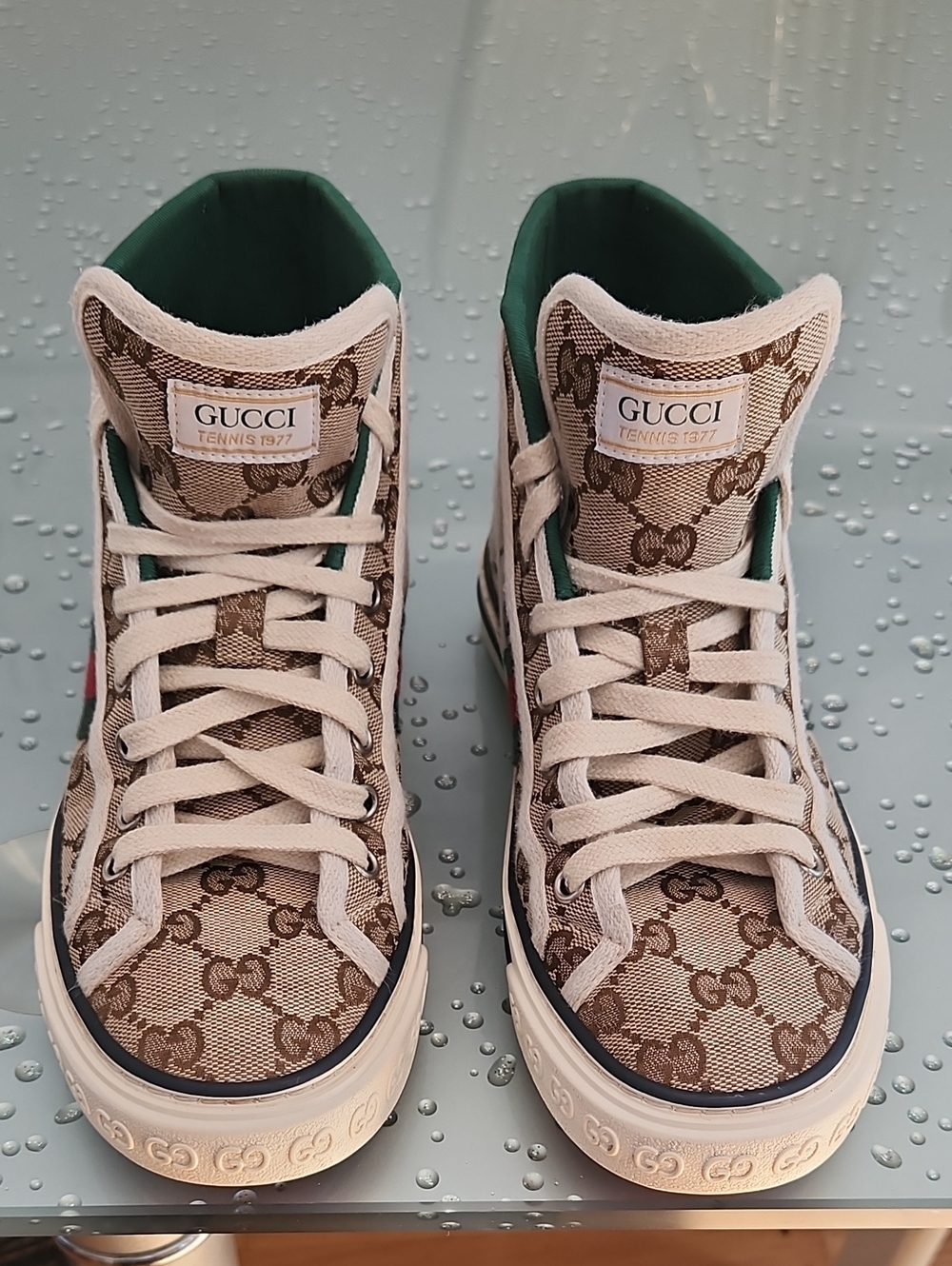 Authentic Gucci Brown GG Canvas High-Top Sneakers with Green Lining